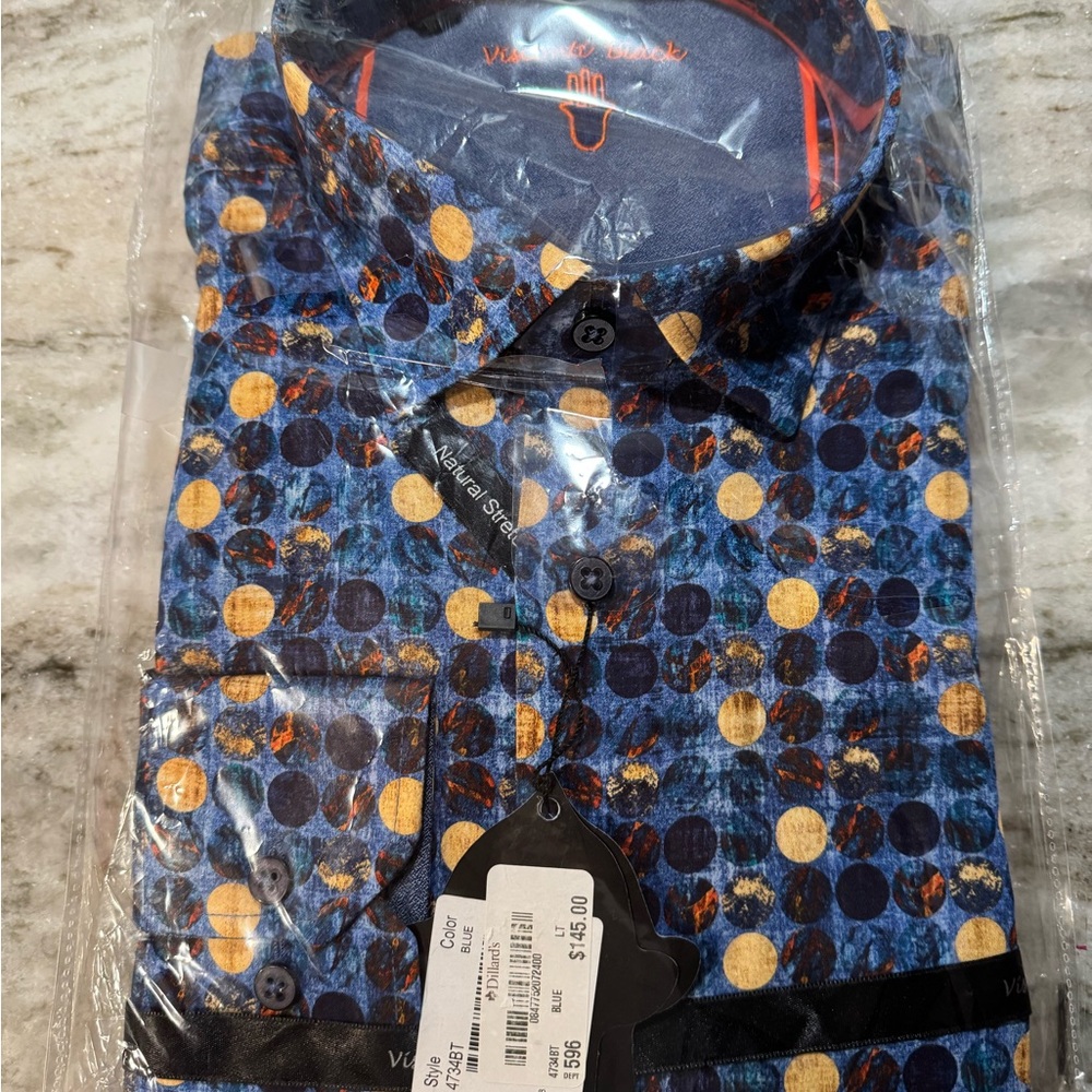 Visconti Black Blue and Orange Patterned Dress Shirt